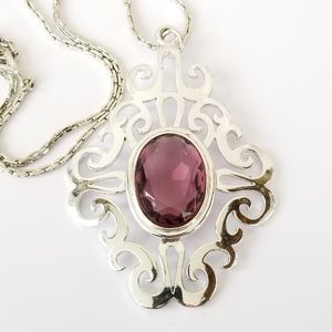 Vintage Sarah Coventry necklace Royal Flair large silver tone purple gem